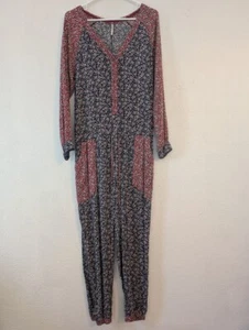 Free People Leia Floral Jumpsuit Long Roll Tab Sleeve Size Small Patchwork Boho - Picture 1 of 7