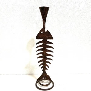 Metal Fishbone Candle Holder Lake House Cabin Unique Fish Skeleton Fisherman - Picture 1 of 6