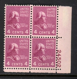 SCOTT 808 1938, 4 CENT JAMES MADISON REGULAR ISSUE PB OF 4 MNH OG VF! - Picture 1 of 2