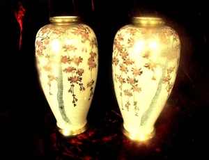 EDWARDIAN PAIR OF WEEPING CHERRY BLOSSOM SATSUMA VASES - JAPAN - Picture 1 of 7