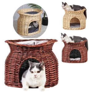 Cesto letto per animali domestici in vimini 2 livelli vimini casa gatto rialzato accogliente grotta con cuscini lavabili - Foto 1 di 19
