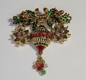 St John Christmas Holiday Brooch ornament snowflake red green crystal enamel - Picture 1 of 3