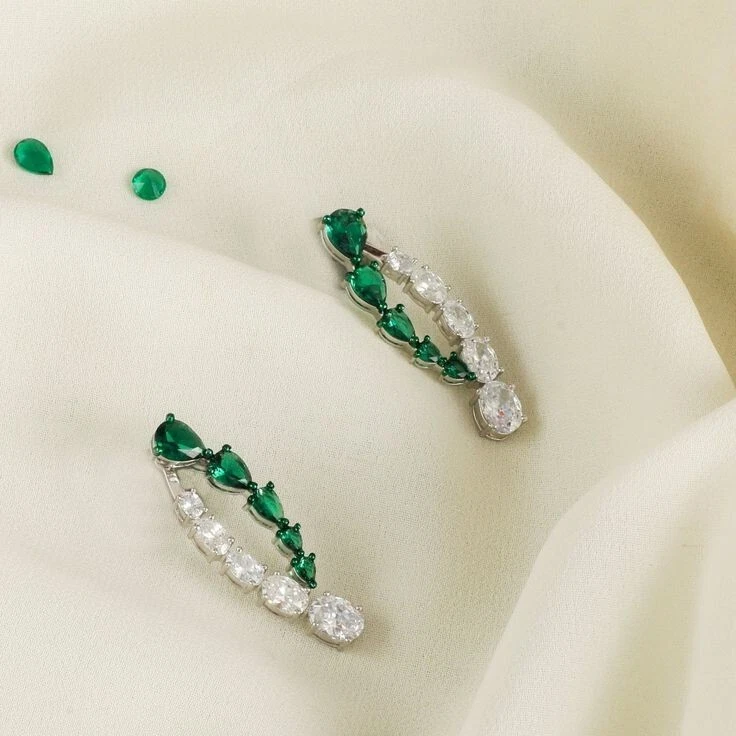 Fine 2.30TCW Simulated Pear Emerald & Oval Sapphire Party Wear Women's Earrings - Image 1 of 4