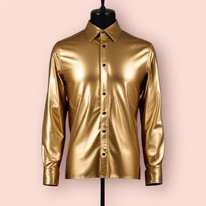 Men's Hot Vintage Gold Color Shirt In Real Lambskin Leather Men's Gay Leather - Picture 1 of 3