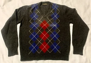 Vtg COXMOORE England V-NECK SWEATER Men's Large Gray Blue Red ARGYLE 100% Wool - Picture 1 of 3