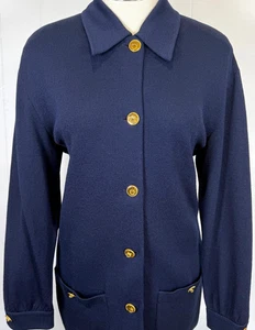 Unique St John Long button jacket navy blue pockets size L 16 - Picture 1 of 4