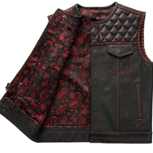 Men's Black Leather Biker Vest Red Paisley Lining Quilted Shoulder - Picture 1 of 3