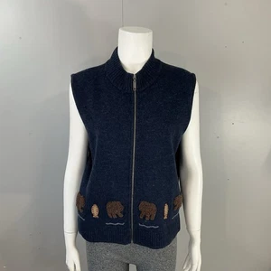 Woolrich Vest Large Full Zip Women's Lambswool Wool Bear Fish Knit Blue Sweater - Picture 1 of 9