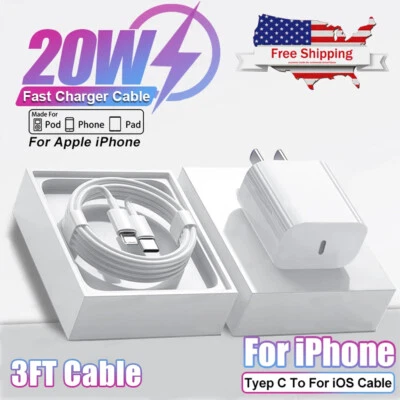 WALLCHARGER 20W USB-C Fast Charger PD Adapter + Cable For iPhone 8 11/12/13/14 XR X Pro iPad