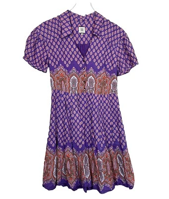 Noa Noa 女式 Midi 连衣裙 S 码紫色夏季粘纤纽扣佩斯利泡泡下摆 — 第 1/4 张图片