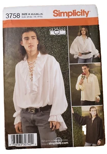 Simplicity 3758 Misses/Mens/Teens Ruffled Shirt Pirate Renaissance Lace-up XS-XL - Picture 1 of 4