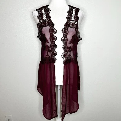 Chaleco Cárdigan Xhilaration Juniors Borgoña Crochet Transparente Sin Mangas Talla XL Foto 1 de 4