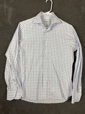 Cesare Attolini Napoli Blue Check Plaid Button Up Shirt Italy 43.5 In Chest - Image 1 of 4