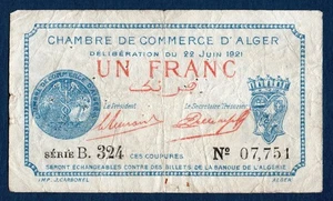 Billet 1 Franc- Chambre de Commerce d'Alger. 1921. Colonies Françaises - Picture 1 of 2