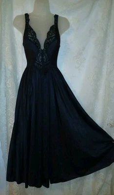 Camisón Vintage Vandemere Olga Negro Nylon Floral Encaje Corpiño Gran Barrido S  Foto 1 de 4