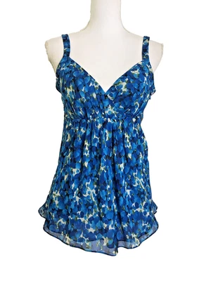 Camiseta sin mangas AK ANNE KLEIN azul floral seda gasa nueva con etiquetas P/S cintura imperio Foto 1 de 4