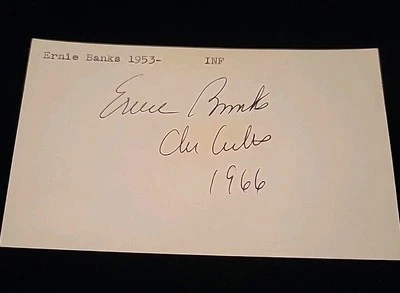 Ernie Banks Chicago Cubs authentic autographed Inscribed 3x5 card COA JSA - Image 1 of 3