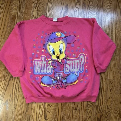 Moletom vintage anos 90 Looney Tunes Tweety gola redonda rosa - Imagem 1 de 4
