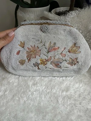 Винтажный JOSEF FRANCE ручной работы цветочный микро стеклянная бусина сумка сумочка свадебный подписанный - Изображение 1 из 4