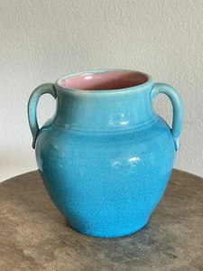 Pisgah Forest Turquoise Blue / Pink Two Handled Vase Urn 6.5"H x 6"W 1942 - Picture 1 of 8