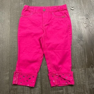 Faded Glory Girls Capri Pants Pink Denim Adjustable Waist Cuffed Hearts Size 10 - Picture 1 of 4
