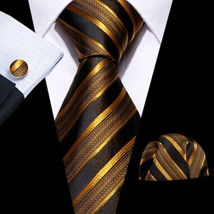 Orange Gold Striped Mens Tie Classic Necktie Pocket Square Cufflinks Set Formal - Picture 1 of 3