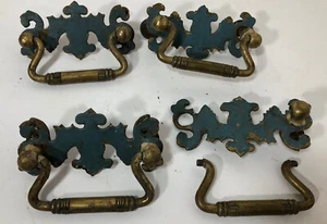 LOT 4 Vtg Antique Brass Drawer Pulls Batwing Handles Ornate Hardware 3"  - Picture 1 of 8