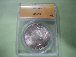 1922-D PEACE DOLLAR ANACS MS-63 - Picture 1 of 2