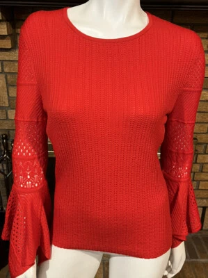 Carolina Herrera 红色处女羊毛钩针编织针织喇叭袖毛衣 L 码 — 第 1/4 张图片