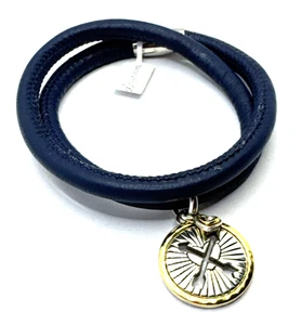Brighton Navy Blue Woodstock Double Leather Bracelet 16in NWT + Arrow Charm - Picture 1 of 6