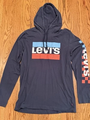 NUEVO SIN ETIQUETAS Levis Camiseta Manga Larga Sudadera con Capucha Para Hombre Pequeña Azul Marino Rojo Blanco Logo Foto 1 de 4