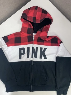 Sudadera con Capucha ROSA Victoria's Secret Sherpa a Cuadros Cremallera Completa Talla M Negra Roja Blanca Y2K Foto 1 de 4
