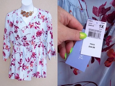 Motherhood Maternity NEW top shirt plus size 1x FALL light blue burgundy blouse - Image 1 of 4