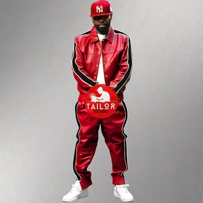 Men's Brayden Genuine Real Soft Leather Piping TrackSuit Sweatsuit [Red/Black] - Image 1 of 2