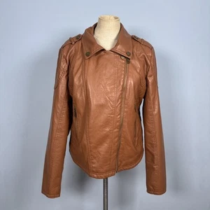 DollHouse Women's L Bomber Jacket Faux Leather Brown Outerwear Moto Y2K Full Zip - Picture 1 of 20