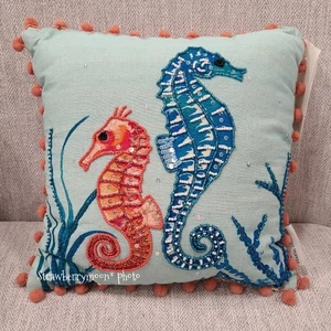 COASTAL Collection Beach Coral Seahorse Beaded Throw Pillow Gorgeous! 12" x 12" - Picture 1 of 11