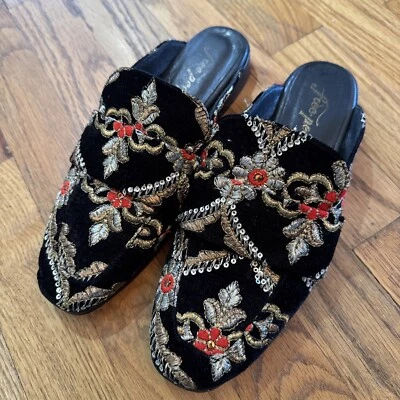 Mocasines Free People Mules Whimsigoth Terciopelo Cuero Dorado Bordado Slides Talla 8 Foto 1 de 4