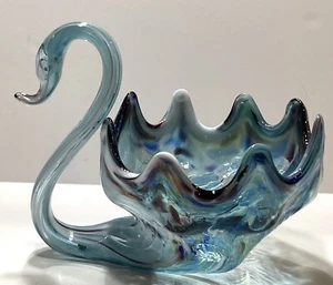 Hand Blown Art Glass Swan Bowl Blue Swirl Glass USA Mid-Century - Picture 1 of 5