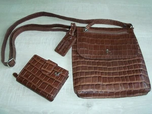 NUOVO SET BORSA E BORSA A TRACOLLA IN PELLE DI FRASSINO - COCCODRILLO MARRONE - Foto 1 di 4