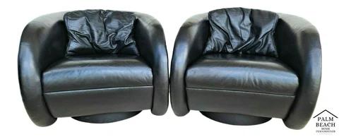 Mid Century Modern Black Leather Swivel Barrel Lounge Chairs by PREVIEW - A Pair Cover