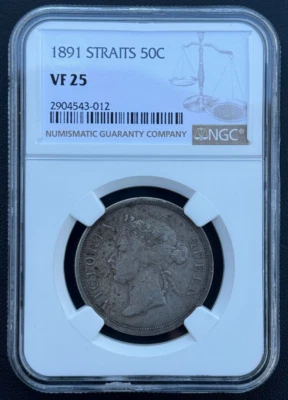 50 centavos de plata 1891 Straits Settlements, Victoria, M#13, NGC VF 25, baja acuñación Foto 1 de 4
