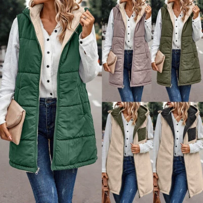 Women Fleece Lining Jacket Outerwear Vest Coat Waistcoat Winter Warm Vest Hooded - Image 1 of 4
