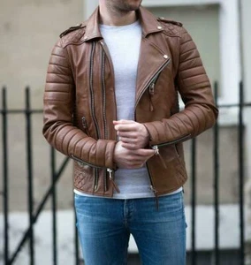 MENS GENUINE LEATHER JACKET BROWN BIKER JACKET SLIM FIT CASUAL VINTAGE JACKETS - Picture 1 of 5