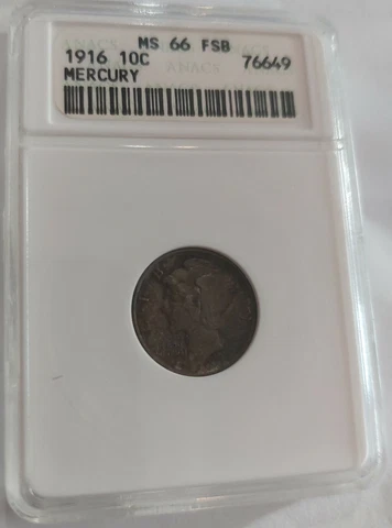 1916 1st Year MERCURY DIME 10c Coin ANACS OLD MINI HOLDER Slab MS66FB FSB TONER! Cover