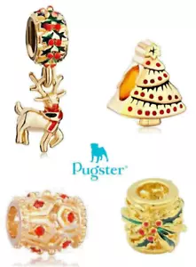 European Christmas golden Pugster beads Tree Holly Red crystals, Reindeer charm - Picture 1 of 13