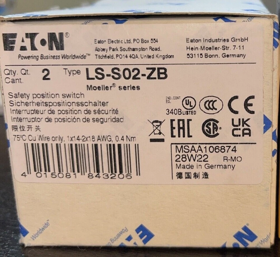 New EATON MOELLER LS-S02-ZB LSS02ZB Safety Position Switches - Image 1 of 1