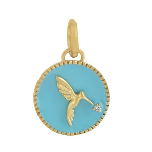 Türkis Emaille Kolibri Anhänger mit Diamant 14k Gelbgold Damen Schmuck - Bild 1 von 4