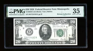DBR 1928 $20 FRN Minneapolis Numeral Fr. 2050-I PMG 35 Serial I01724162A - Picture 1 of 2
