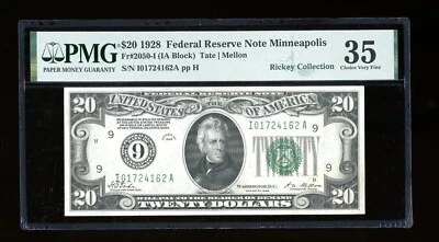 DBR 1928 $20 FRN Minneapolis Numeral Fr. 2050-I PMG 35 Serial I01724162A - Image 1 of 2