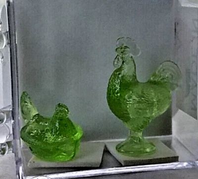 Dollhouse Miniature Chrysnbon Rooster & Nesting Hen Set in Green 1:12 scale - Image 1 of 3